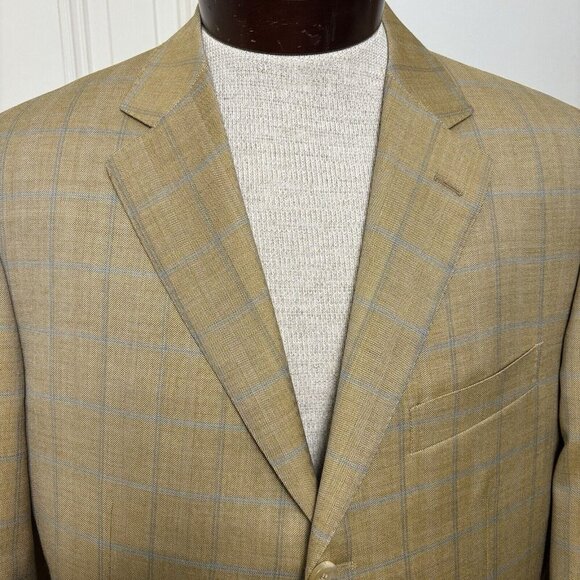 Pal Zileri Beige Blue Windowpane Wool Blazer Men’s Size 52L IT |‎ 42L US MINT - Picture 1 of 9
